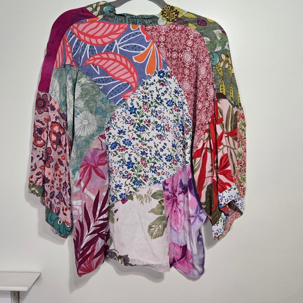 Sacred Threads Bohemian Indie Patchwork Rayon Button up Kimono Top Blouse Size S - Picture 8 of 12